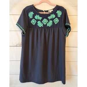 Umgee Navy Blue Embroidered Tunic Top Green Leaf Boho Short Sleeve Medium A9950
